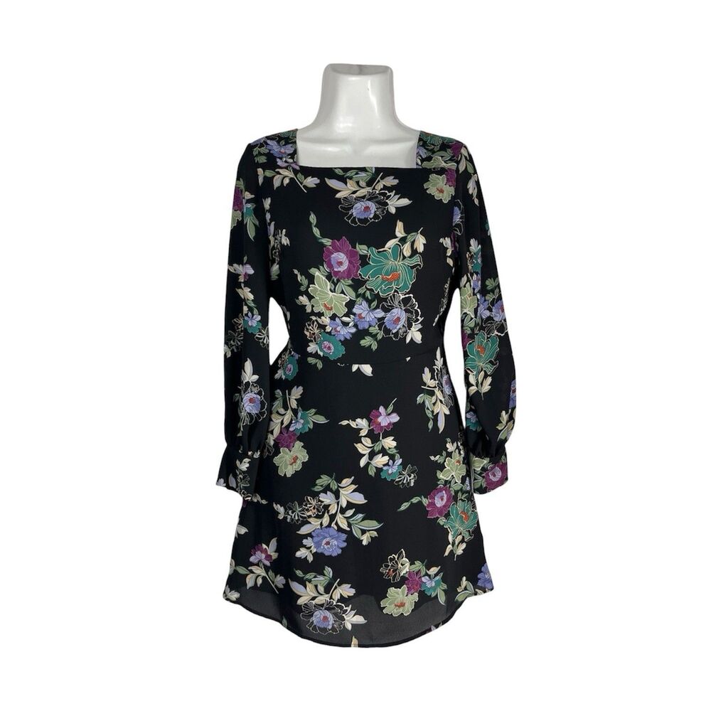 LOFT Petite Floral Fit & Flare Mini Dress 4P Black Square Neck Long Sleeve Party